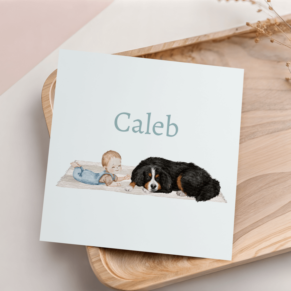 Geboortekaartje Caleb - Berner Sennen liggend met baby