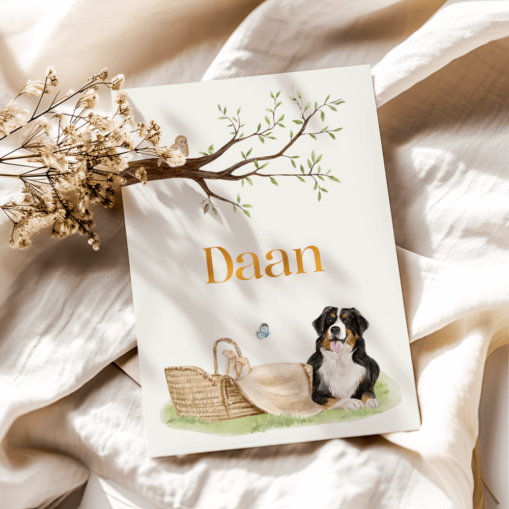 Geboortekaartje Daan - Berner Sennen hond bij wiegje met lentetak en bloemen