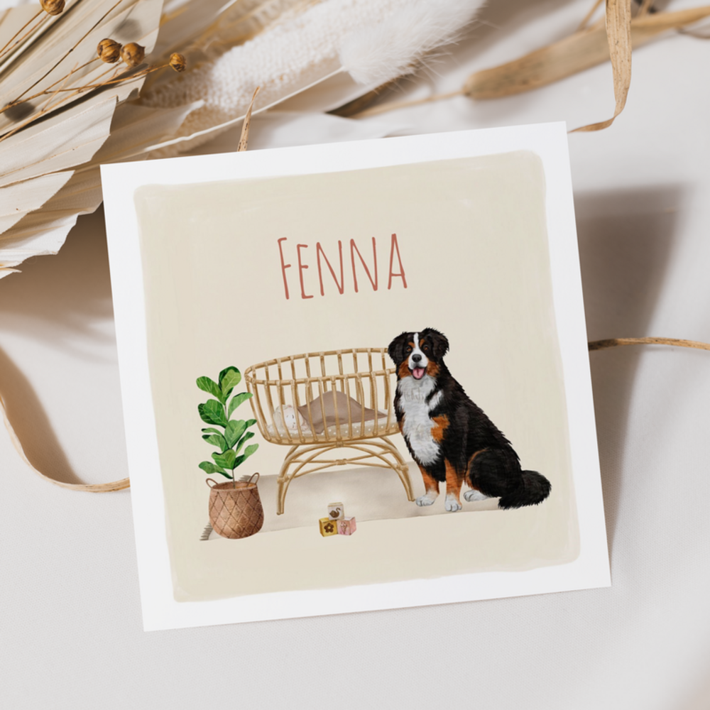 Geboortekaartje Fenna - Berner Sennen hond bij wiegje