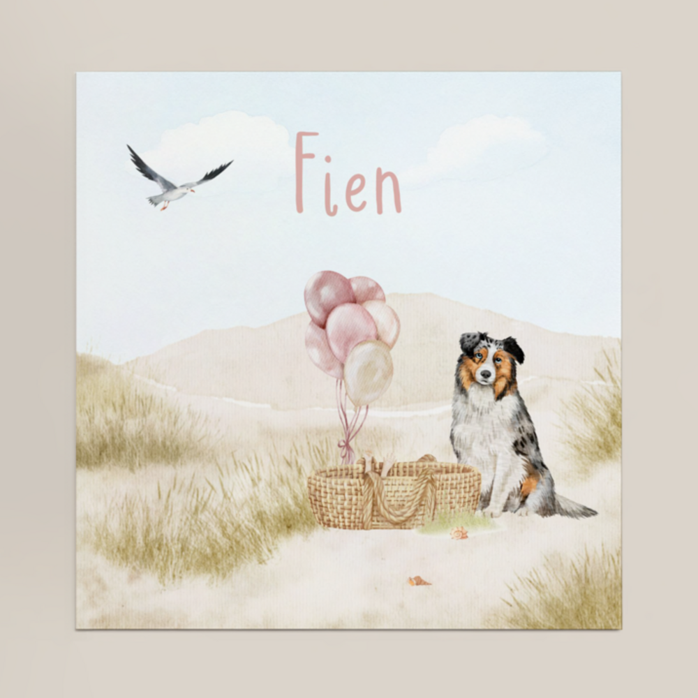 Geboortekaartje Fien - Australian Shephard hond bij rotan mandje strand duinen