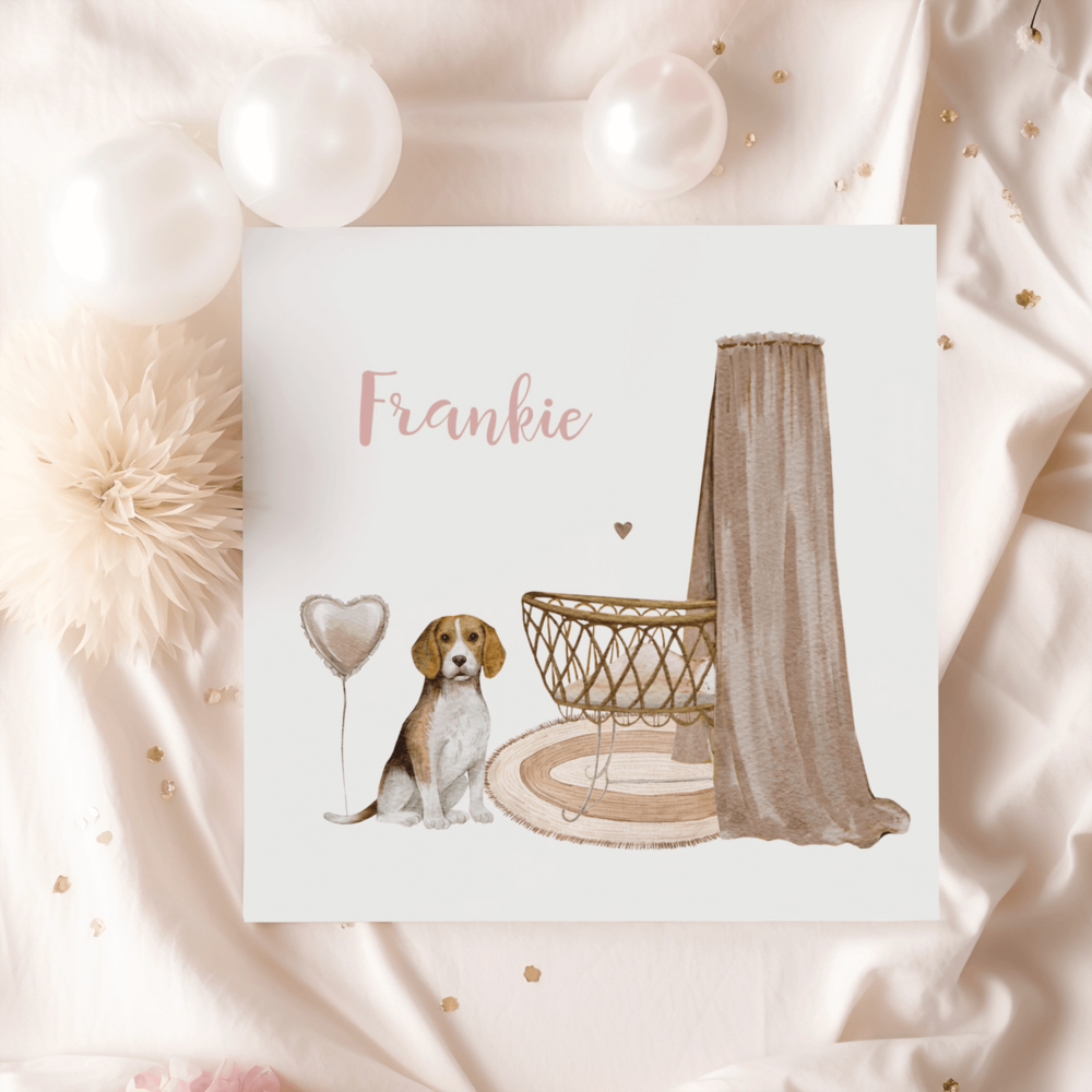Geboortekaartje Frankie - Beagle huisdier hond bij wiegje