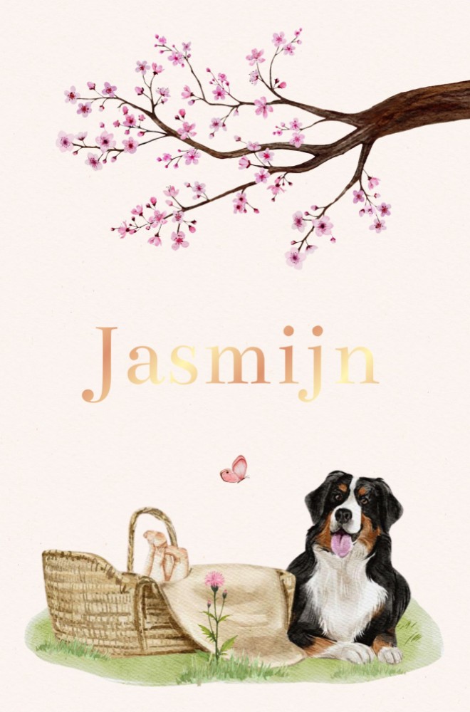 Geboortekaartje Jasmijn - Berner Sennen hond bij wiegje met bloesemtak en bloemen