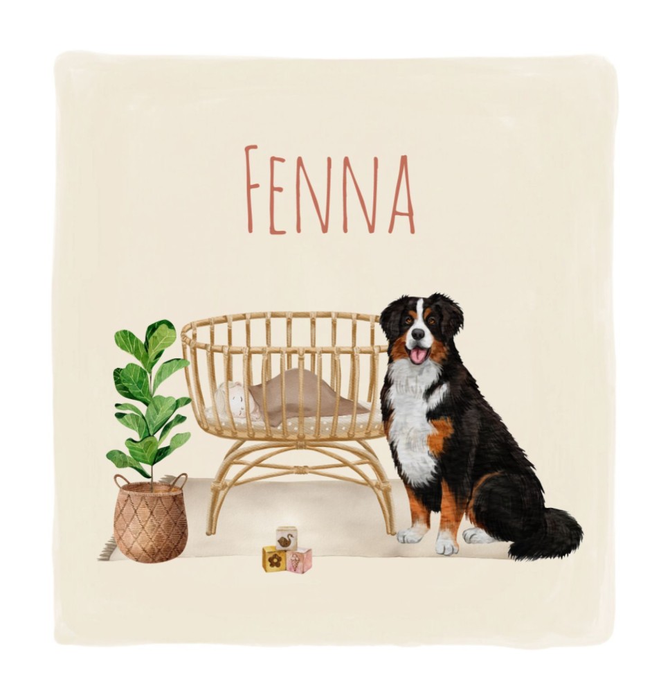 Geboortekaartje Fenna - Berner Sennen hond bij wiegje