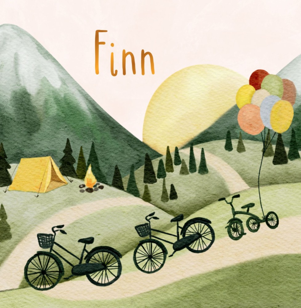 Geboortekaartje Finn - avontuurlijk kaartje met heuvels/bergen, bomen, fietsen, tent en ondergaande zon