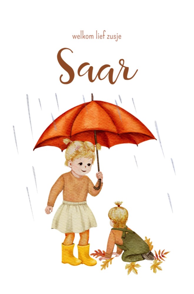Geboortekaartje Saar - herfst grote zus (blond) paraplu en baby (blond)