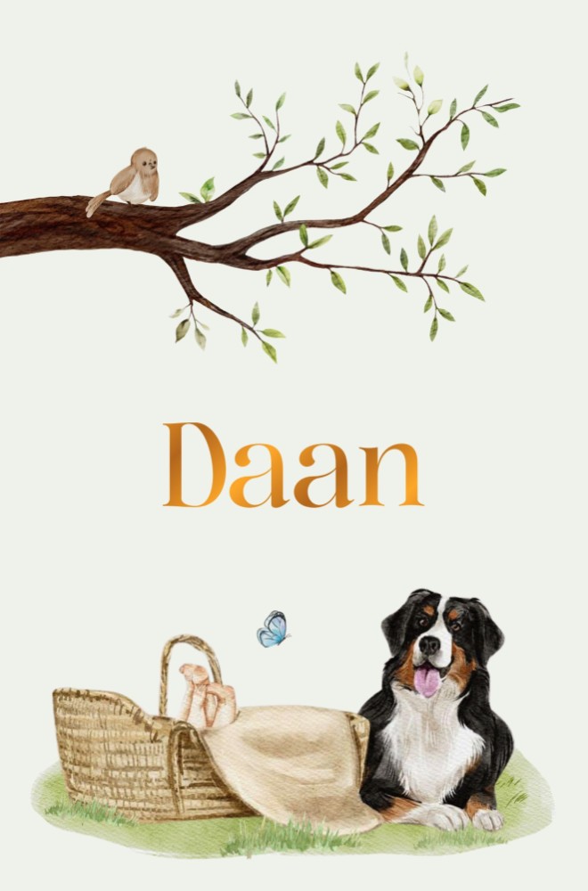 Geboortekaartje Daan - Berner Sennen hond bij wiegje met lentetak en bloemen