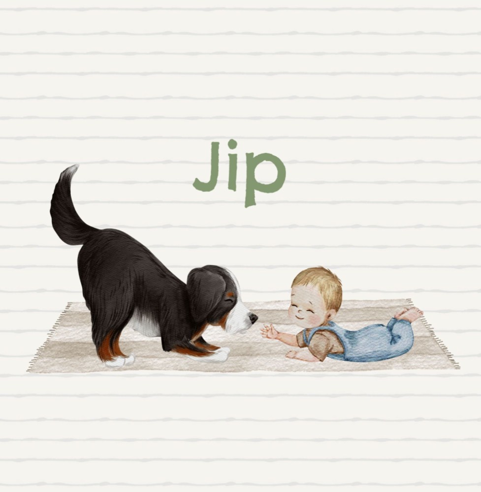 Geboortekaartje Jip - Berner Sennen hond speels met baby jongen