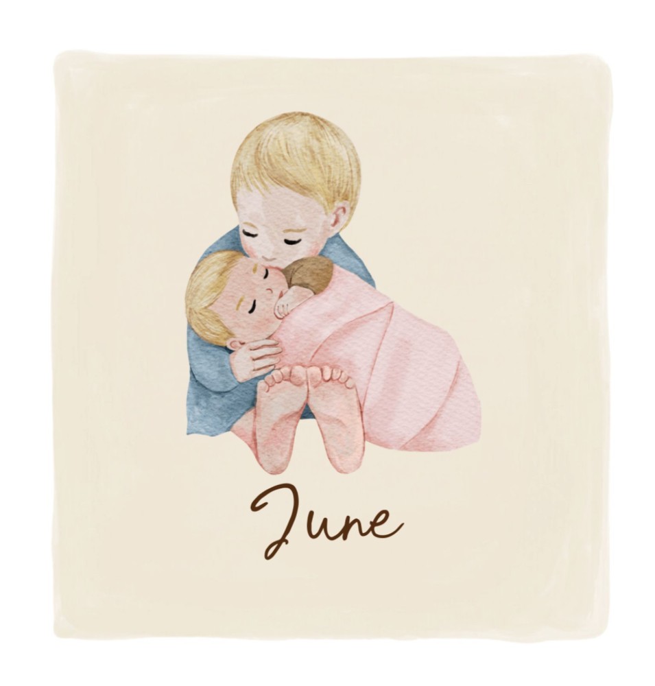 Geboortekaartje June - grote broer blond haar knuffelend baby meisje zusje blond haar