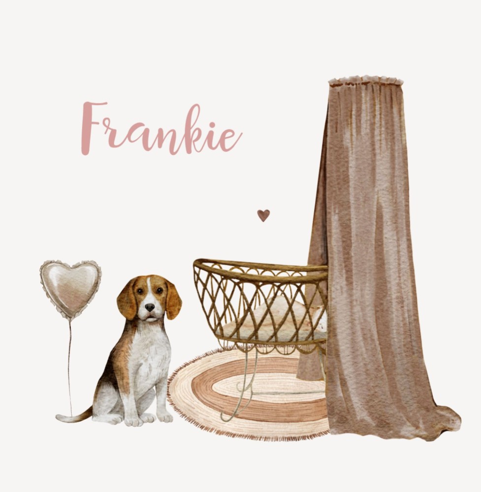 Geboortekaartje Frankie - Beagle huisdier hond bij wiegje