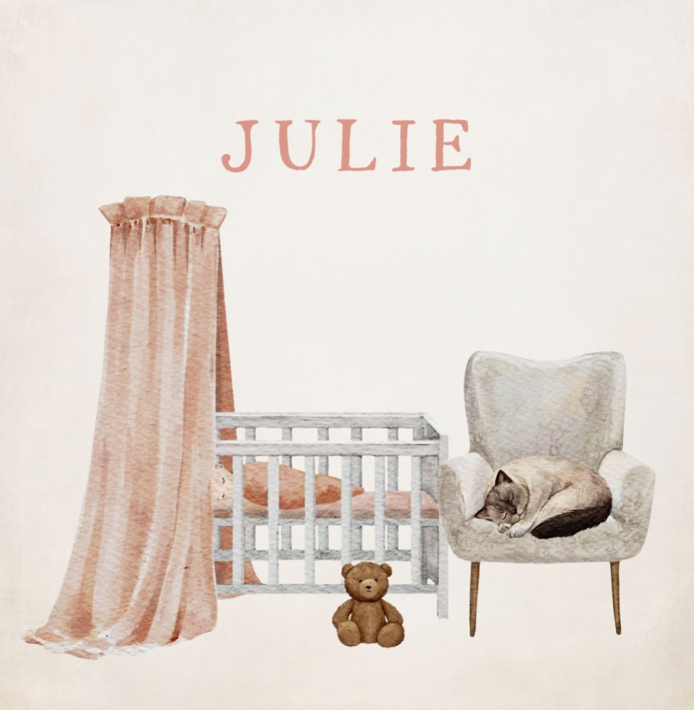 Geboortekaartje Julie - Kat liggend op stoel in kinderkamertje bij wiegje