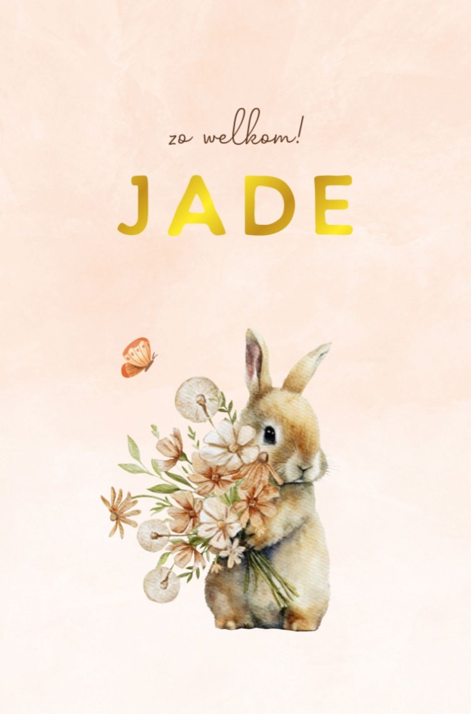 Geboortekaartje Jade - meisje met konijntje en bloemetjes