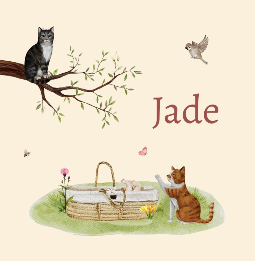 Geboortekaartje Jade - Nieuwsgierige katten bij mandje in natuur met bloemen en vlinder