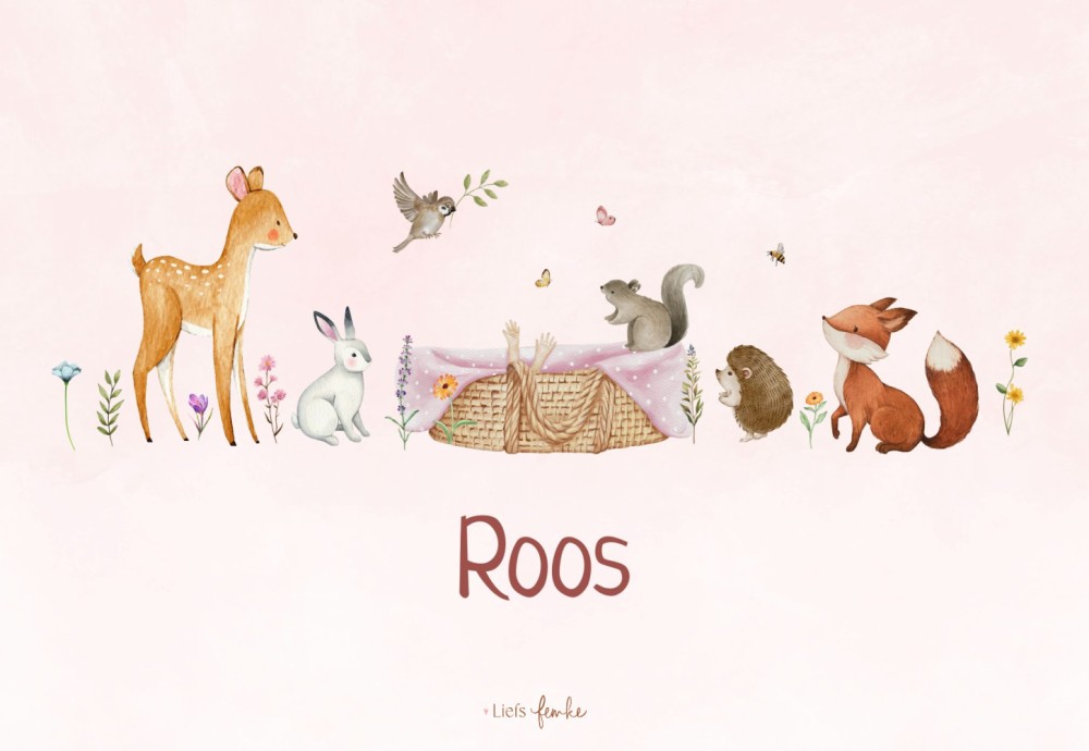 Geboortekaartje Roos - meisje rotan mandje met nieuwsgierige bosdiertjes