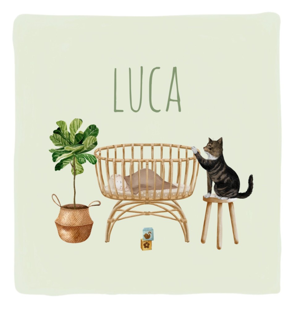 Geboortekaartje Luca - Nieuwsgierige kat bij wiegje kinderkamertje