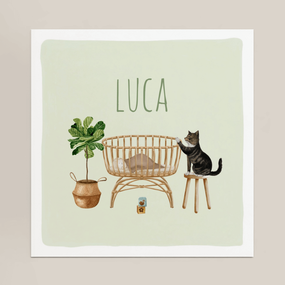 Geboortekaartje Luca - Nieuwsgierige kat bij wiegje kinderkamertje